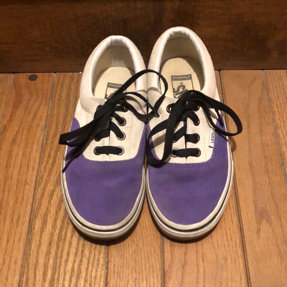 Pink, purple, and checkered customized Vans